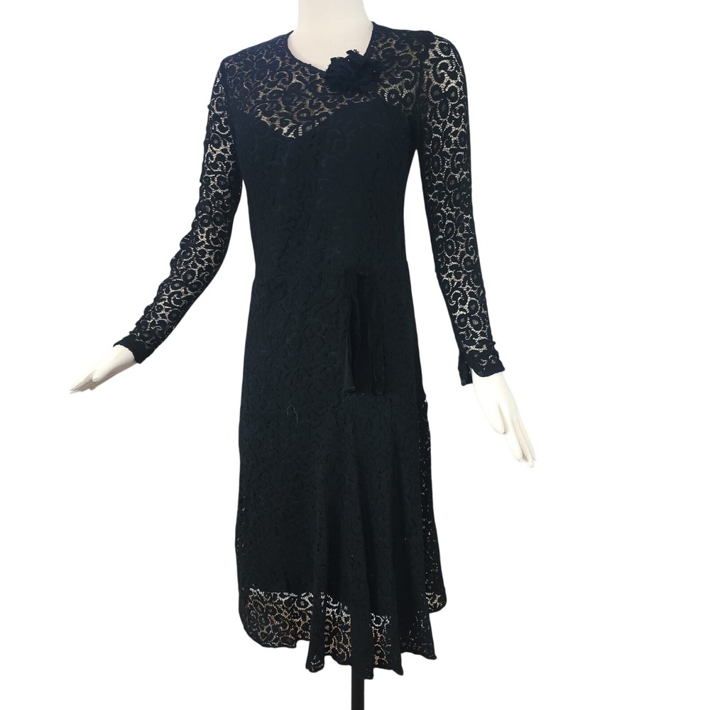 Antique 1920s Black Lace Dress 30s Long‎ Sleeve Gothic W/ Lining Gown Vintage
